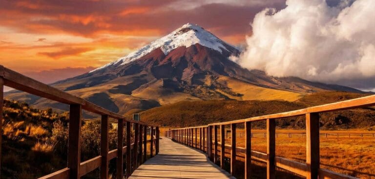 Wooden path leading to snow-capped mountain at sunset