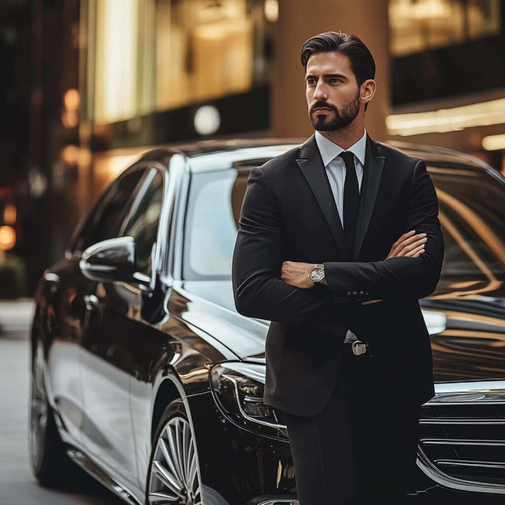 Businessman in a black suit beside luxury car