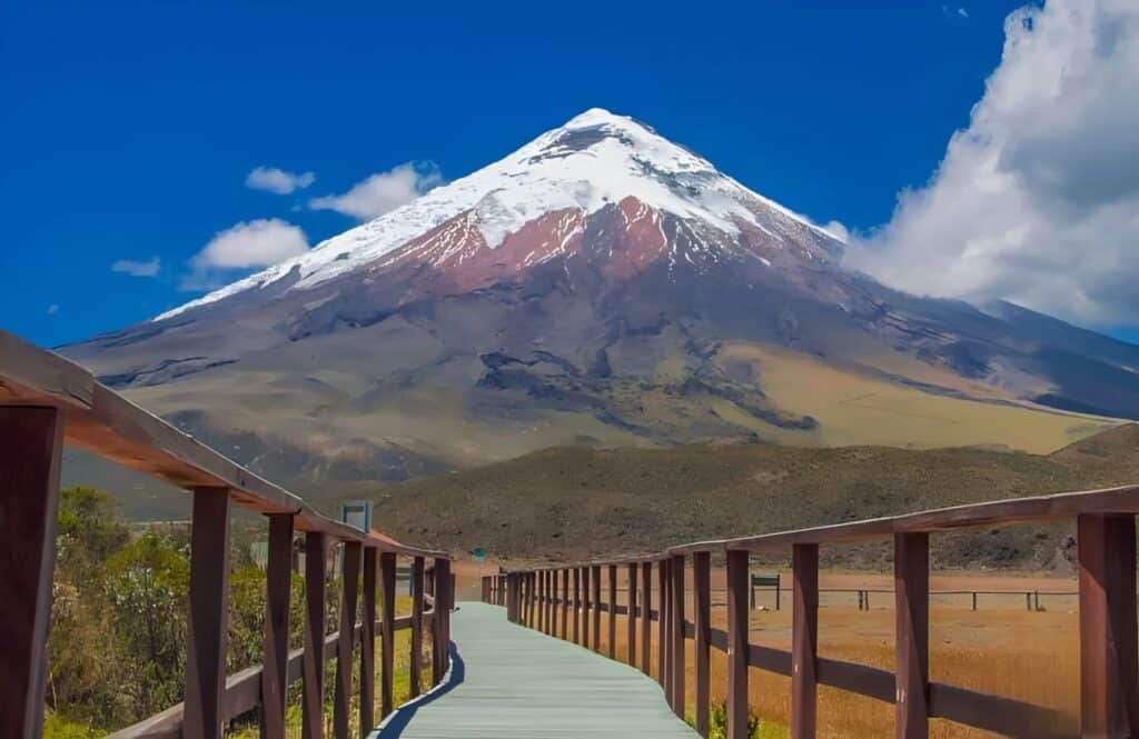 Snow-capped mountain with wooden walkway beneath blue sky