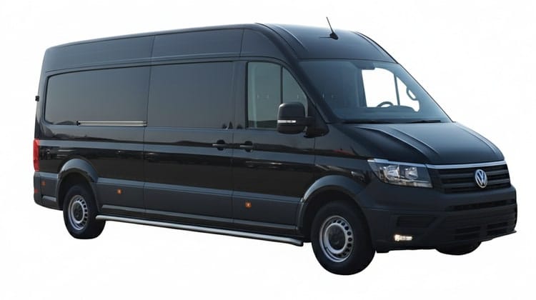 Black Volkswagen cargo van on white background