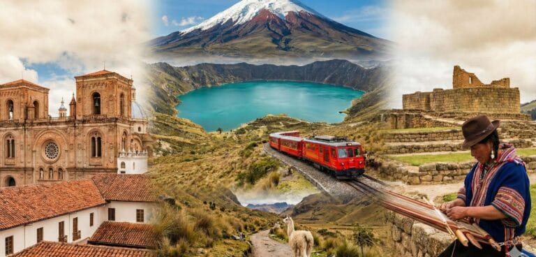 Ecuador landscapes with mountains, train, ruins, and cathedral